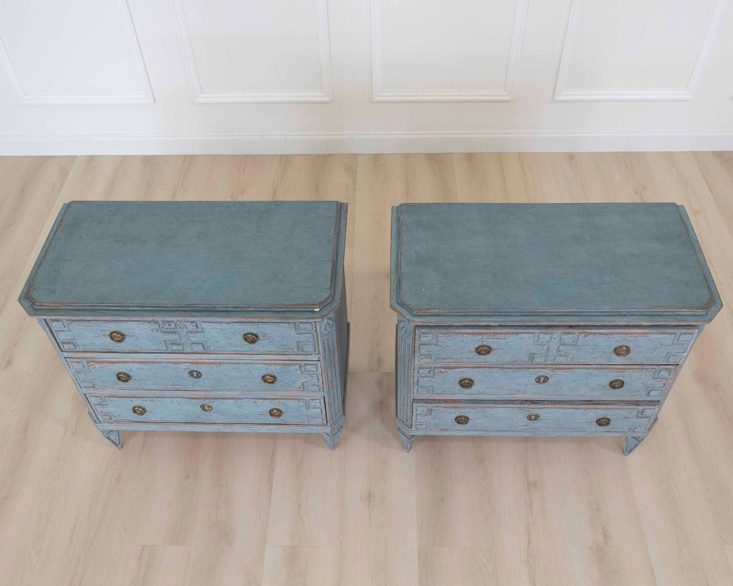 Pair of Scandinavian 20th Century Carved Painted Chests of Drawers - JAA