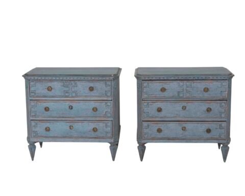Blueish pair of Scandinavian chests, richly carved, circa 100 years old.
