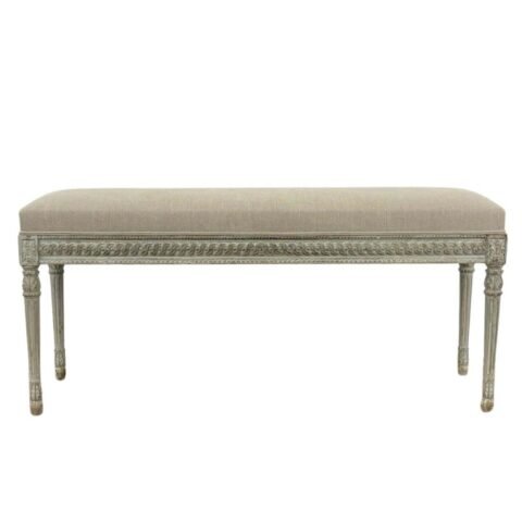 Beautiful Louis XVI style bench in painted carved wood. Upholstery refurbished and covered with natural linen