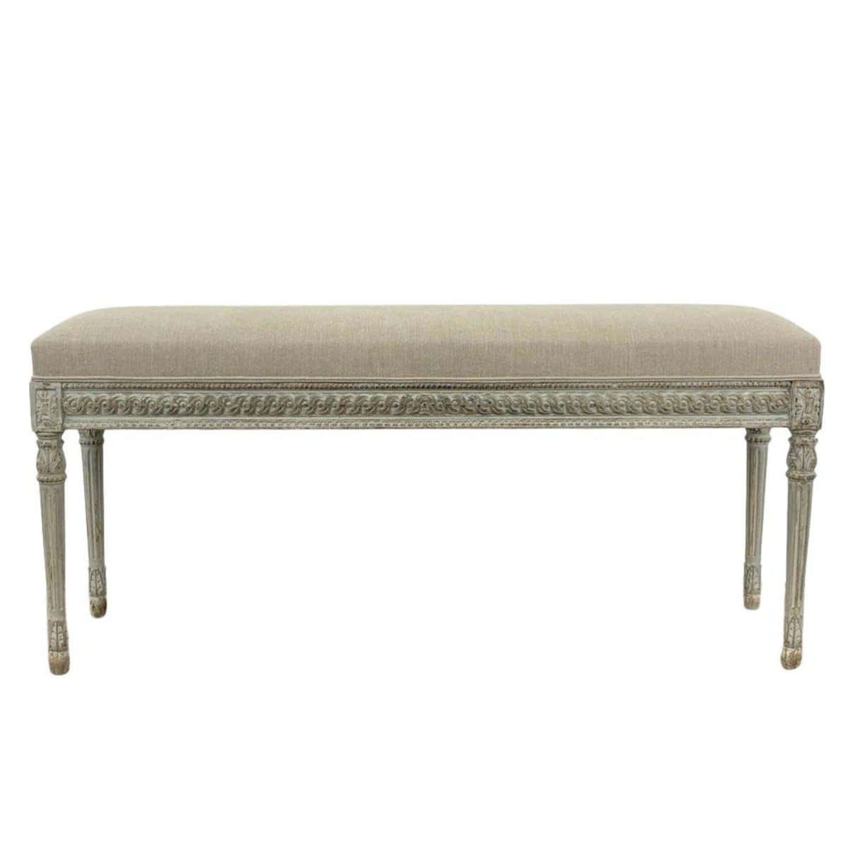 Beautiful Louis XVI style bench in painted carved wood. Upholstery refurbished and covered with natural linen - JAA