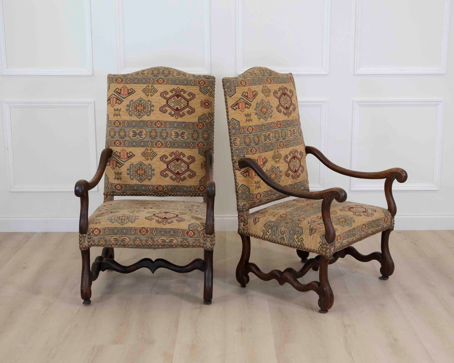 Pair Of Louis XIII Style Armchairs With High, Flat Backs, 20th Century - JAA