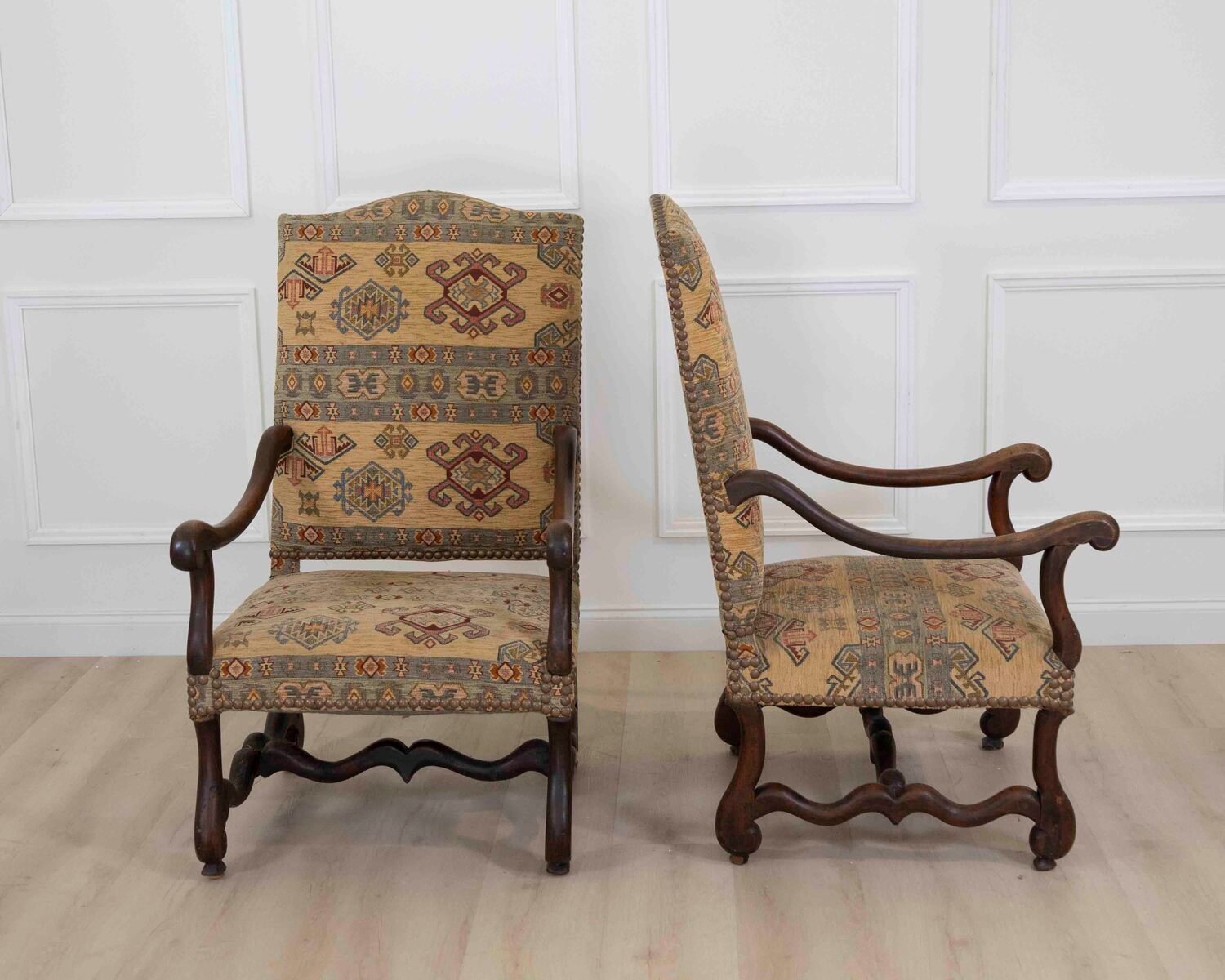 Pair Of Louis XIII Style Armchairs With High, Flat Backs, 20th Century - JAA