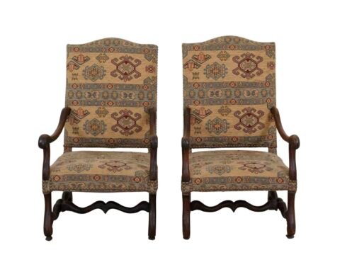 Pair Of Louis XIII Style Armchairs With High, Flat Backs, 20th Century