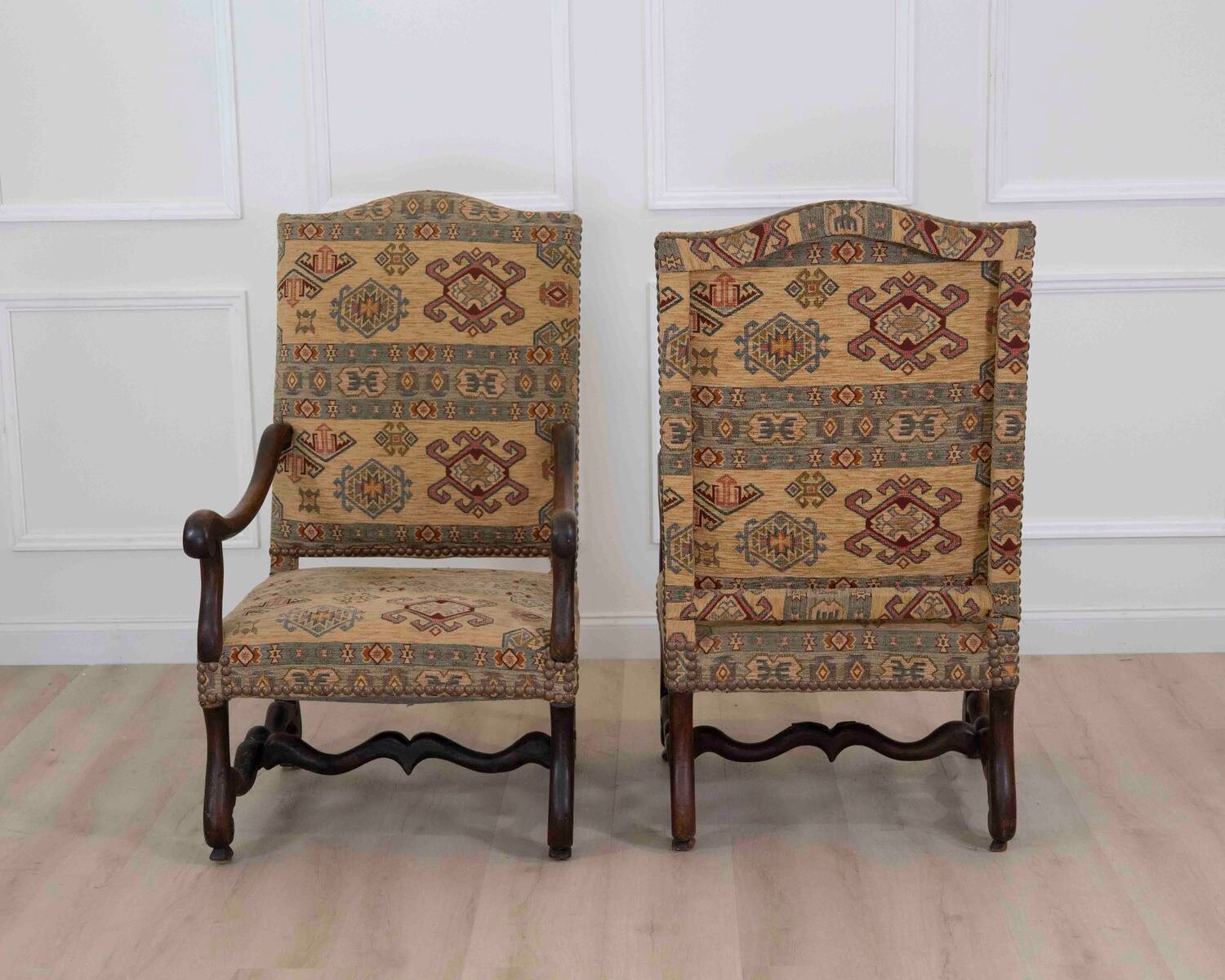 Pair Of Louis XIII Style Armchairs With High, Flat Backs, 20th Century - JAA