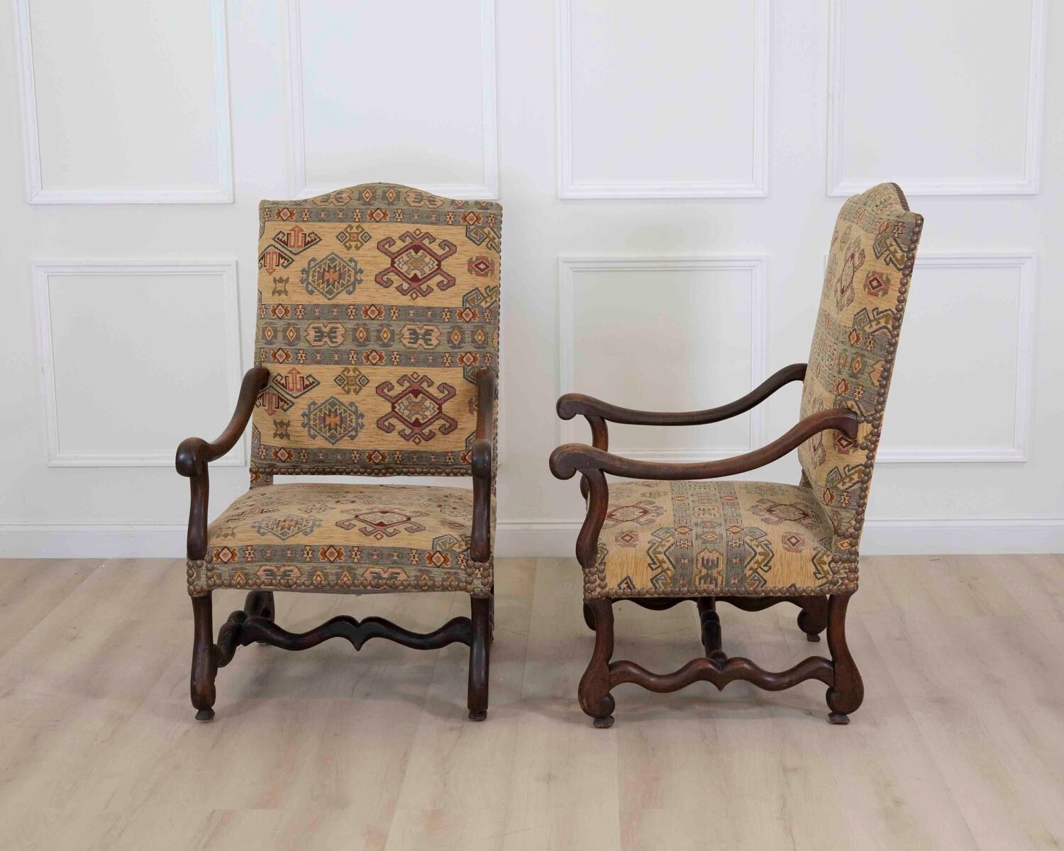 Pair Of Louis XIII Style Armchairs With High, Flat Backs, 20th Century - JAA