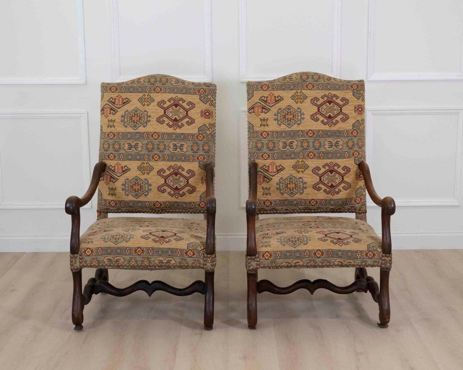 Pair Of Louis XIII Style Armchairs With High, Flat Backs, 20th Century - JAA