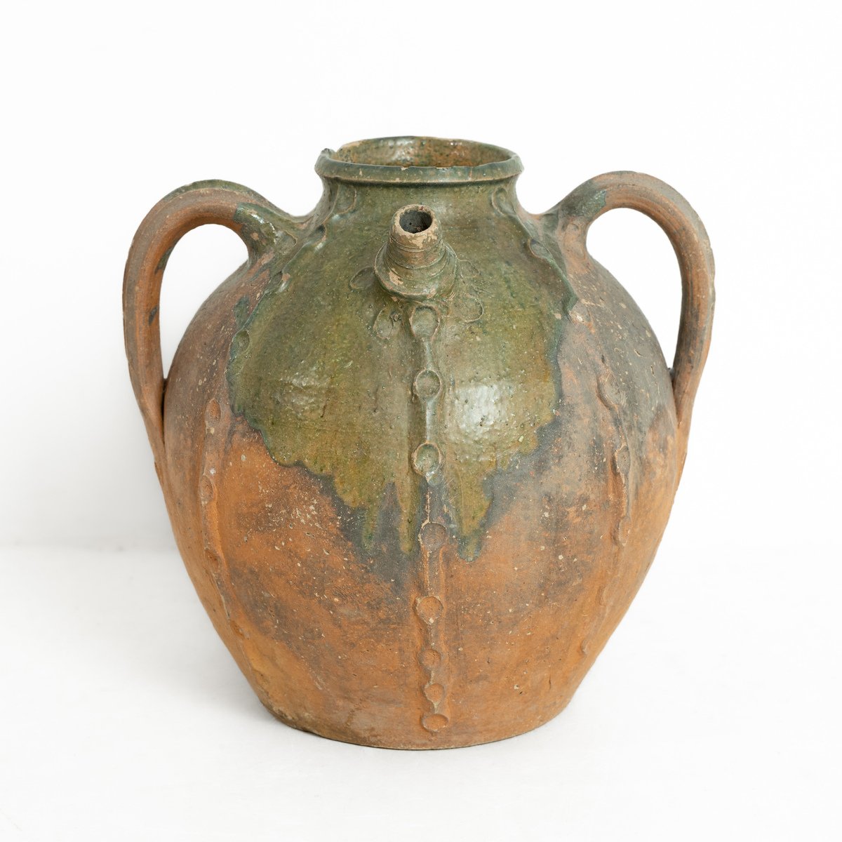 Unglazed Earthenware Oil Pot with green splash and fingerprint decoration. France, circa 1780. - JAA