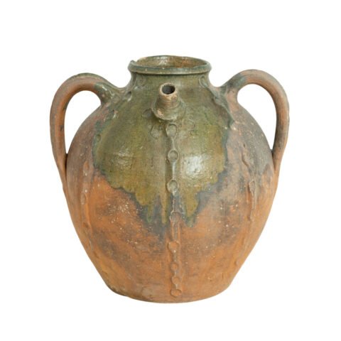French 18th Century Unglazed Earthenware Oil Pot with Green Splash Glaze