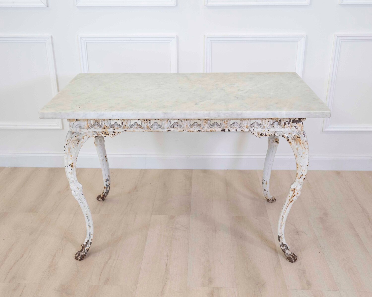 19th Century French Painted Iron Table with Marble Top and Lion Paw Feet - JAA