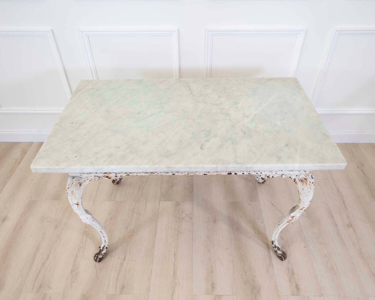 19th Century French Painted Iron Table with Marble Top and Lion Paw Feet - JAA