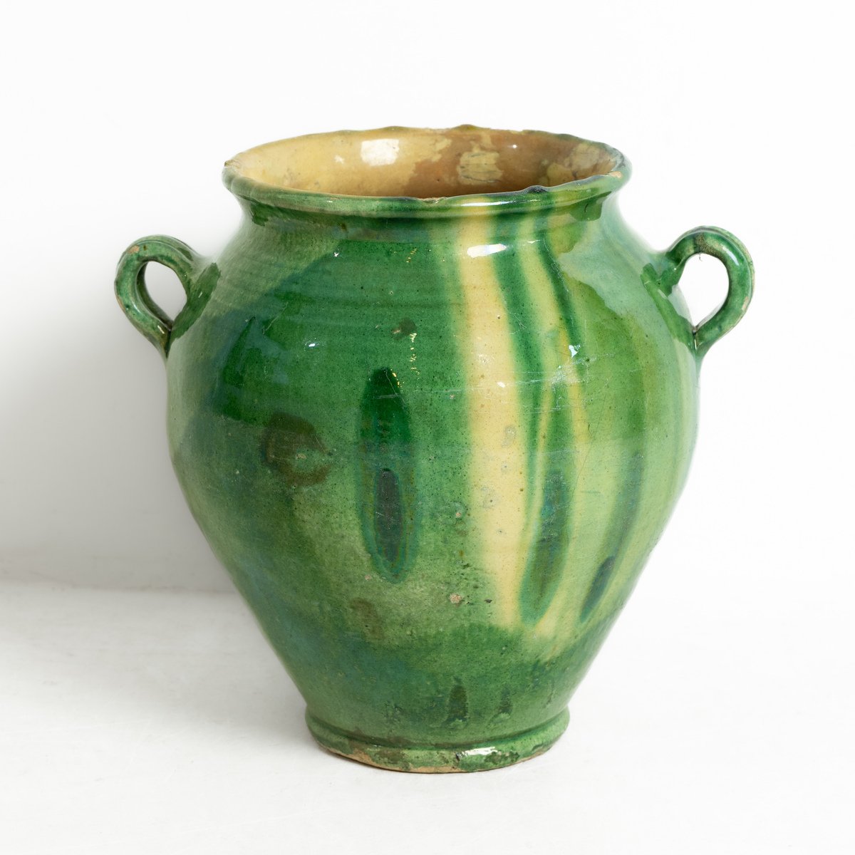 Green Confit Pot with yellow splash glaze. France, circa 1840. - JAA