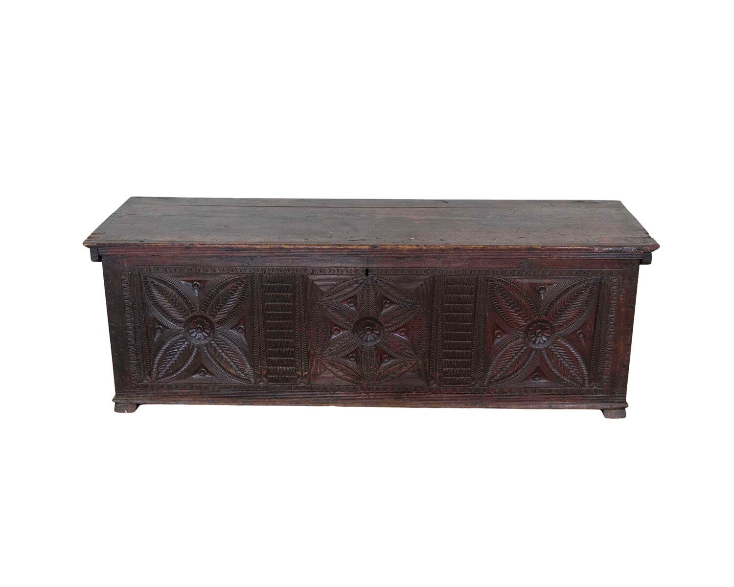 Very good 18th century Italian carved pine coffer with good colour. 1760.