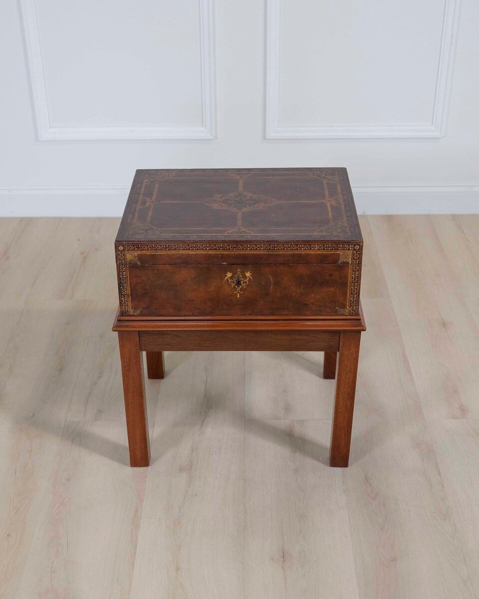 English 20th Century Gilt-Tooled Polychrome Leather Document Box on Stand by Edwards & Sons - JAA