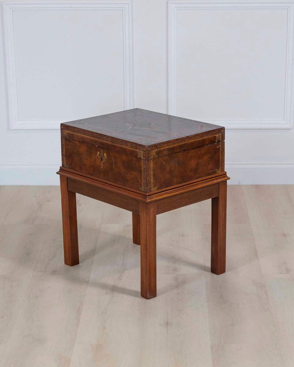 English 20th Century Gilt-Tooled Polychrome Leather Document Box on Stand by Edwards & Sons - JAA