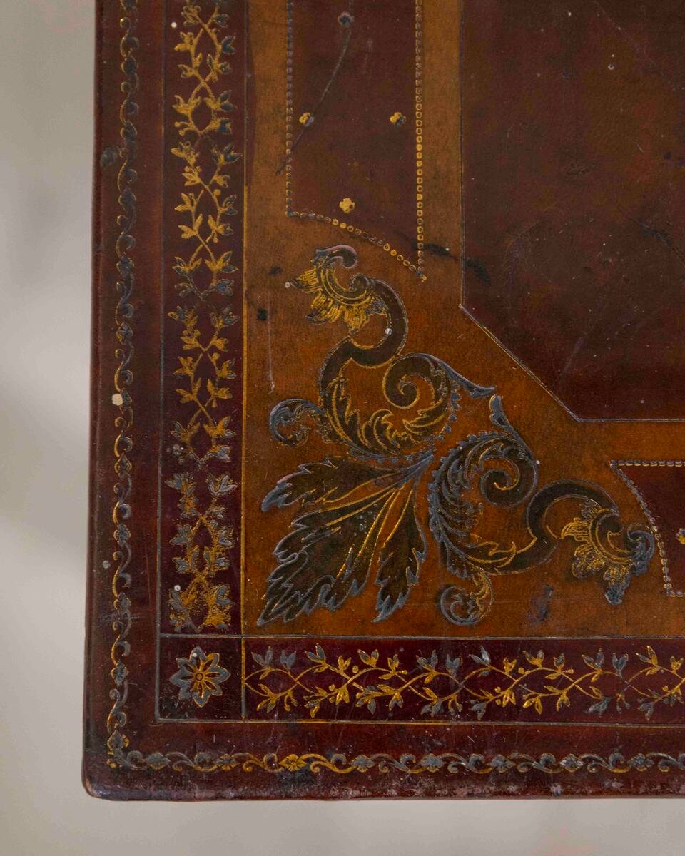 English 20th Century Gilt-Tooled Polychrome Leather Document Box on Stand by Edwards & Sons - JAA