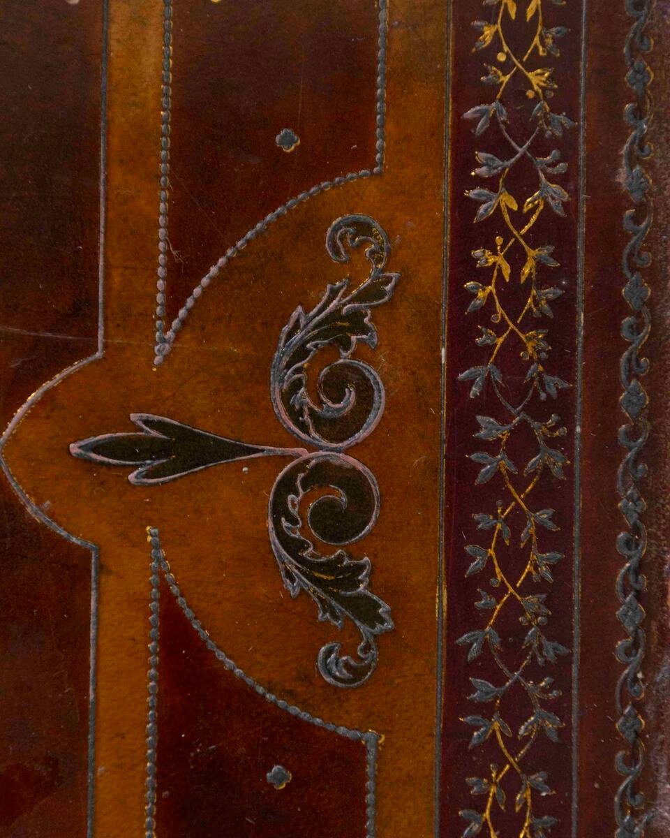 English 20th Century Gilt-Tooled Polychrome Leather Document Box on Stand by Edwards & Sons - JAA