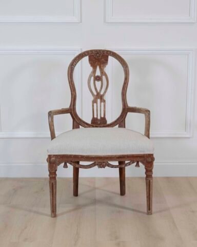 A period Danish Louis XVI armchairs, scraped to original paint and newly covered in linen. Circa 1780