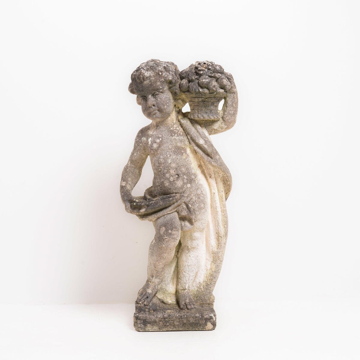 Italian 20th Century Reconstituted Stone Garden Statue of a Child Holding a Basket of Fruit - JAA
