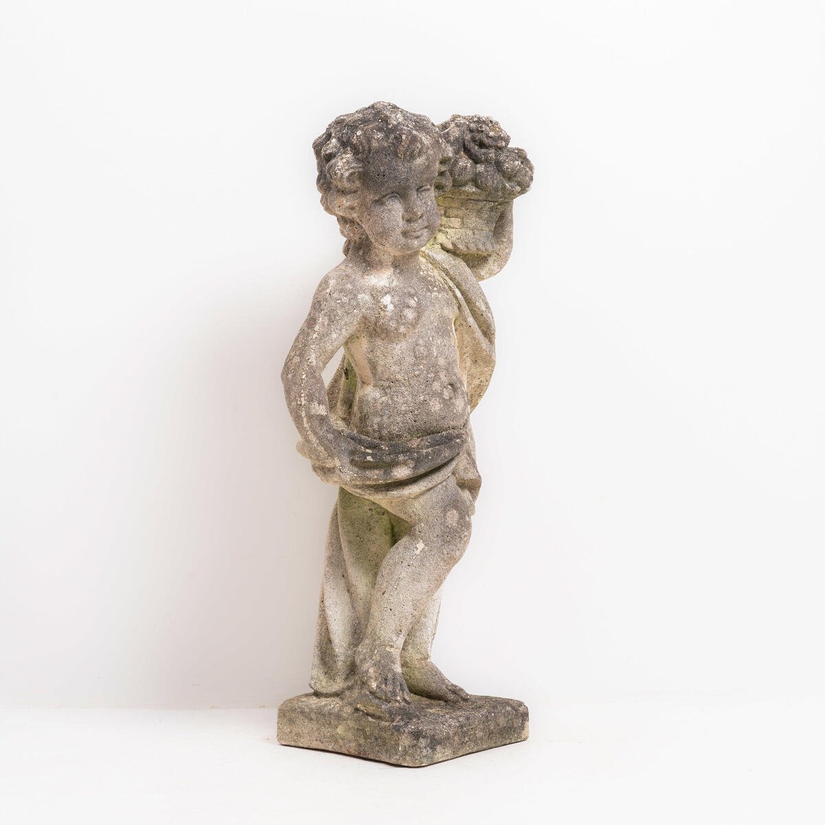 Italian 20th Century Reconstituted Stone Garden Statue of a Child Holding a Basket of Fruit - JAA