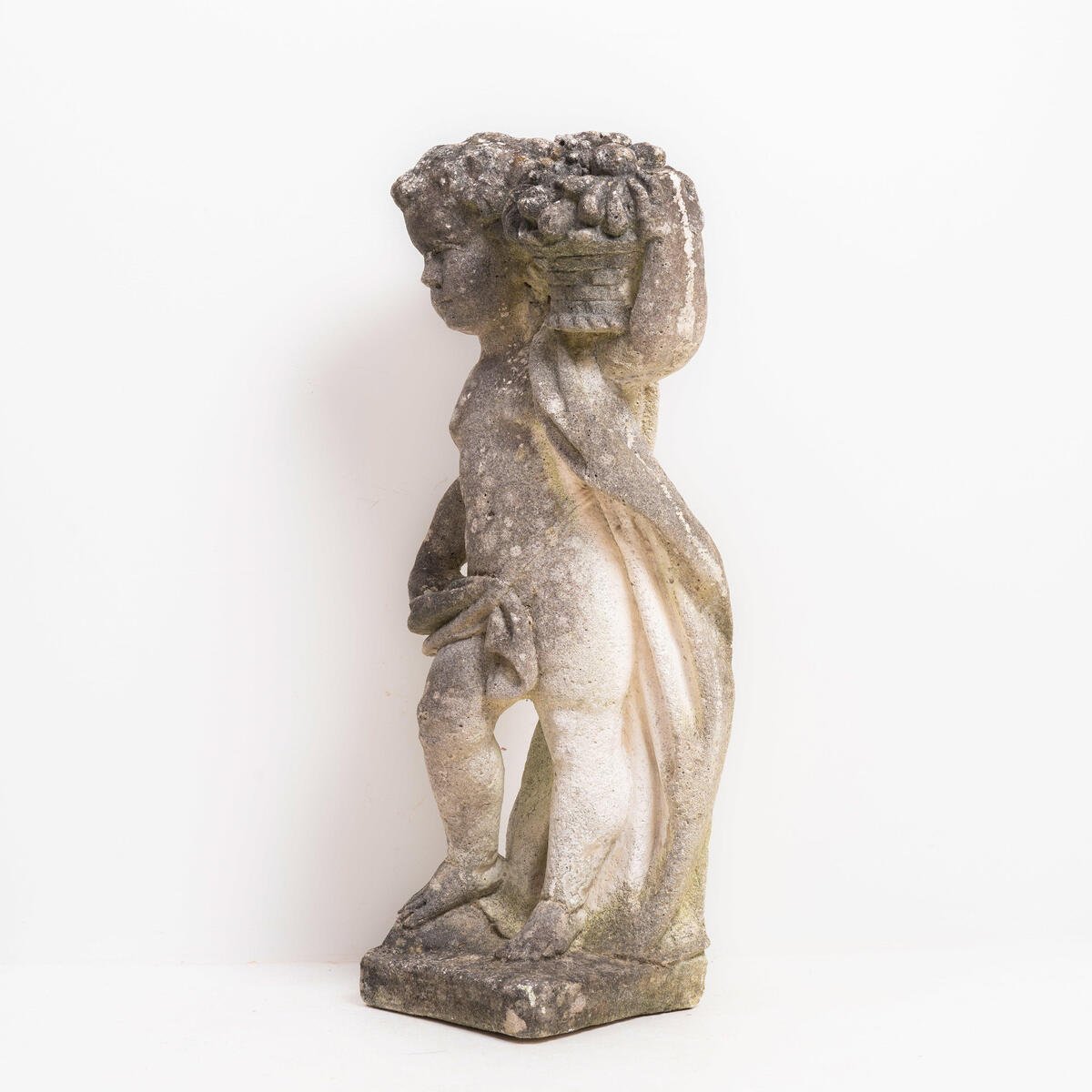 Italian 20th Century Reconstituted Stone Garden Statue of a Child Holding a Basket of Fruit - JAA