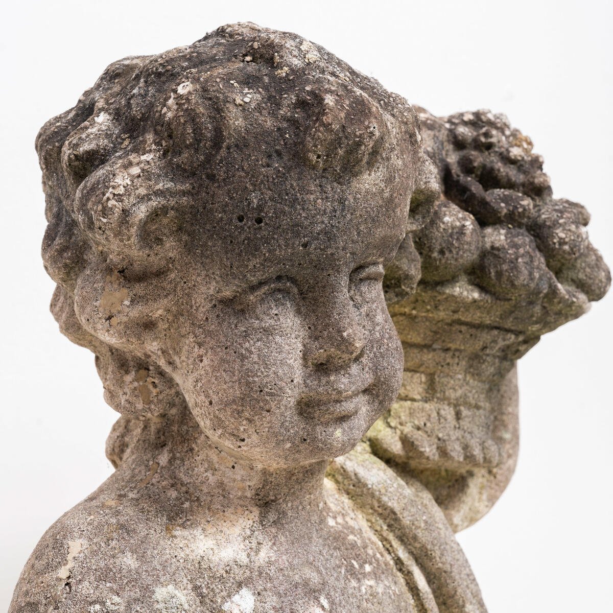 Italian 20th Century Reconstituted Stone Garden Statue of a Child Holding a Basket of Fruit - JAA