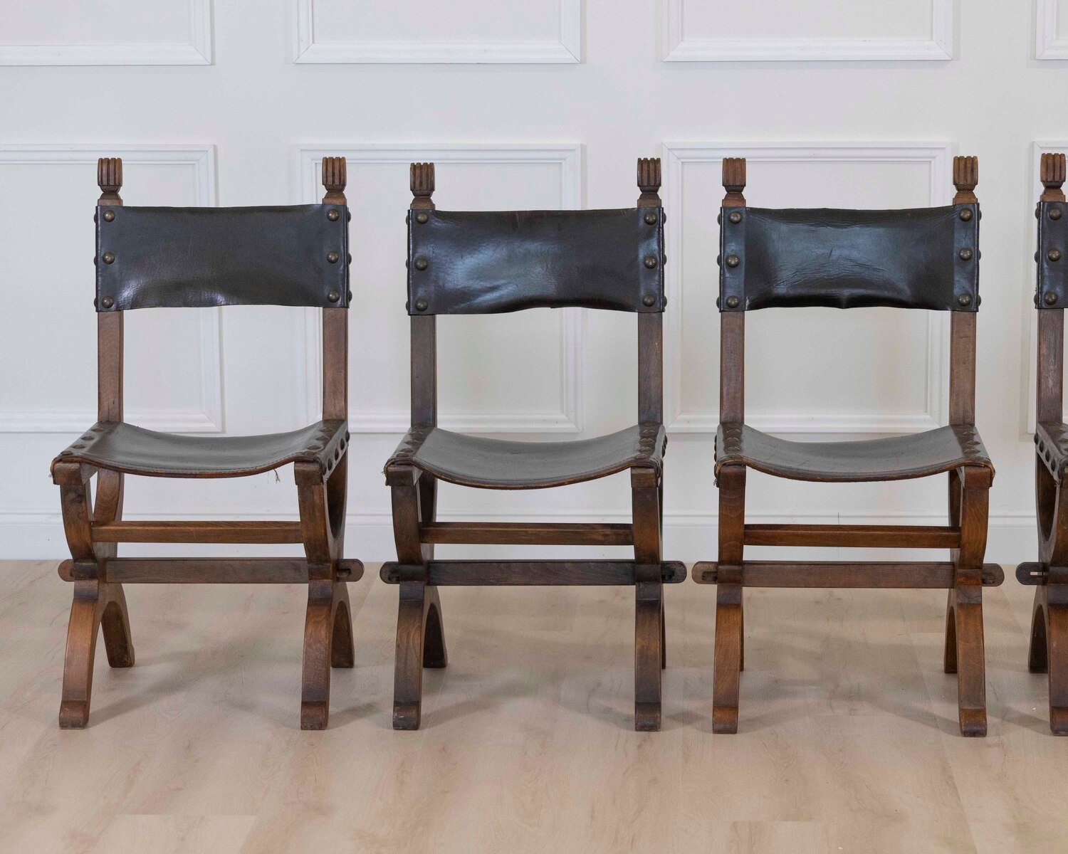 Set of Six Mid-20th Century Spanish Walnut and Leather Dining Chairs - JAA