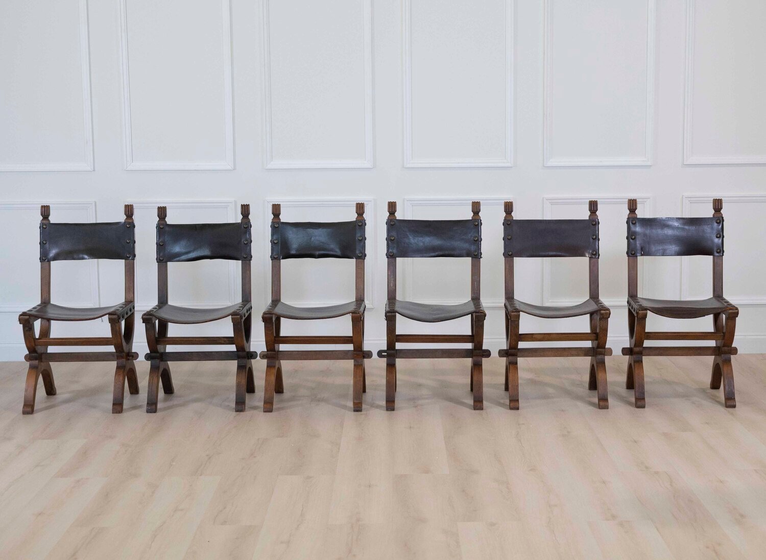 Set of Six Mid-20th Century Spanish Walnut and Leather Dining Chairs - JAA