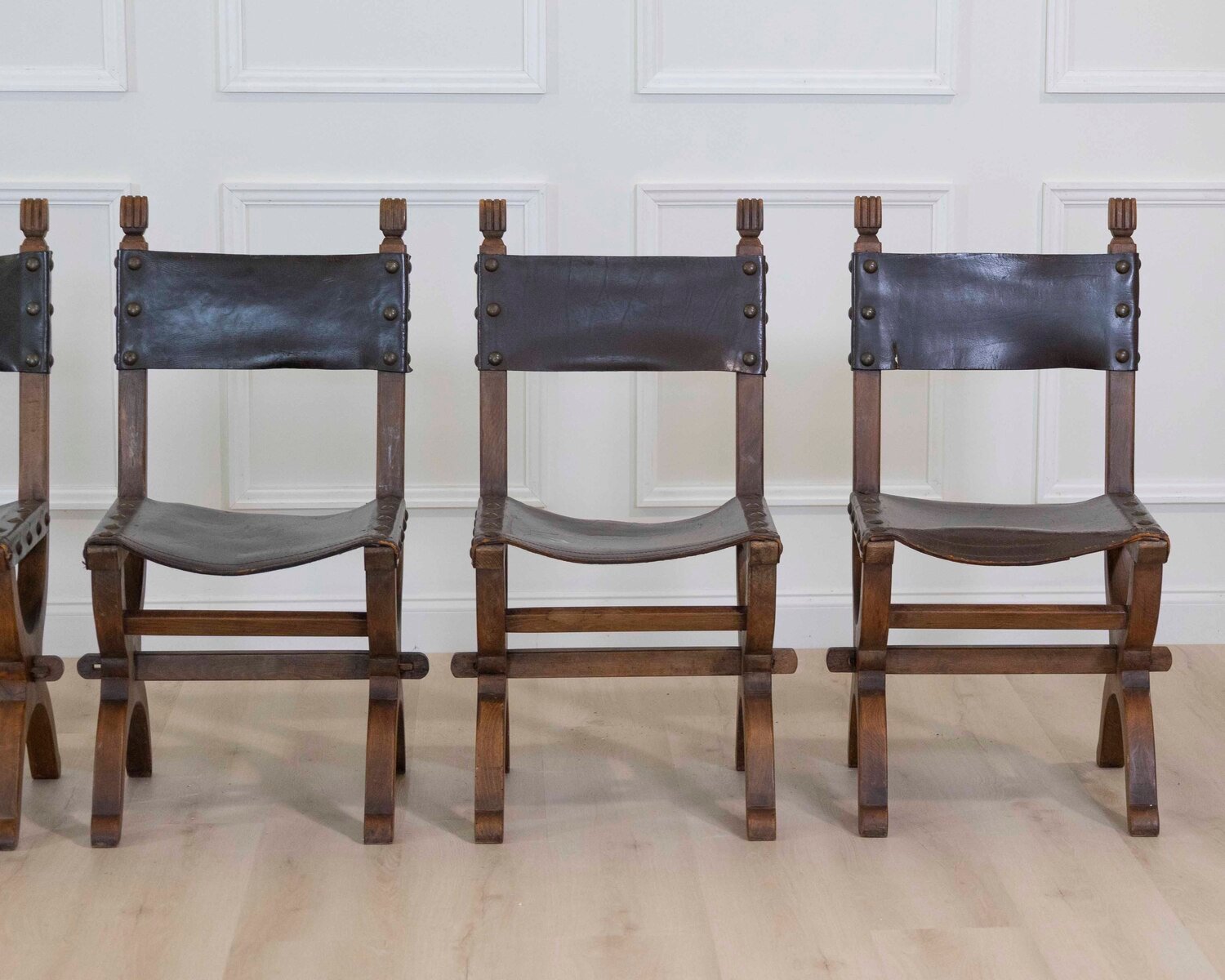 Set of Six Mid-20th Century Spanish Walnut and Leather Dining Chairs - JAA