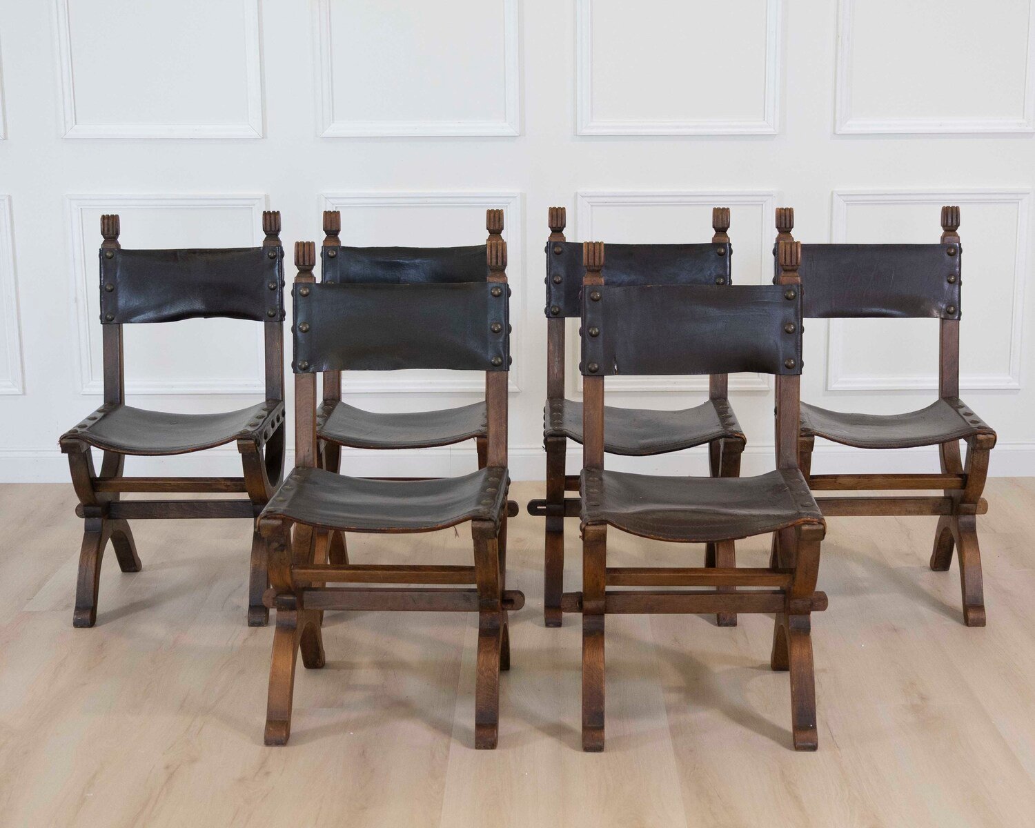 Set of Six Mid-20th Century Spanish Walnut and Leather Dining Chairs - JAA