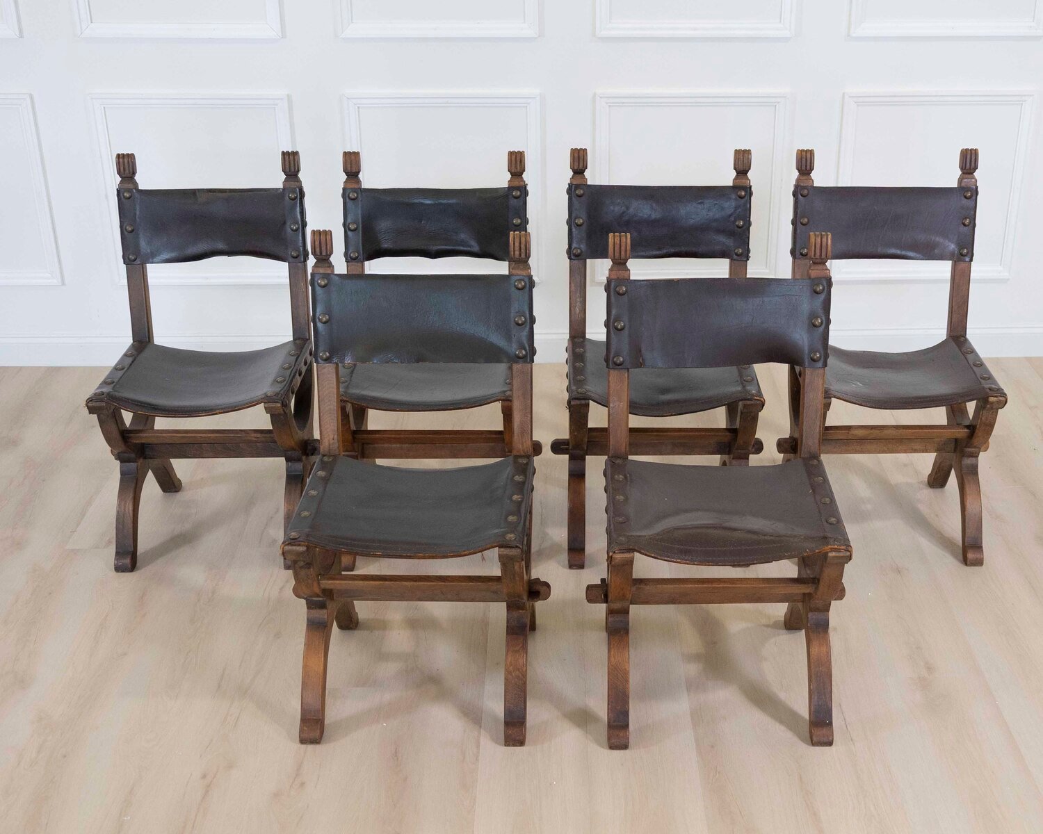 Set of Six Mid-20th Century Spanish Walnut and Leather Dining Chairs - JAA