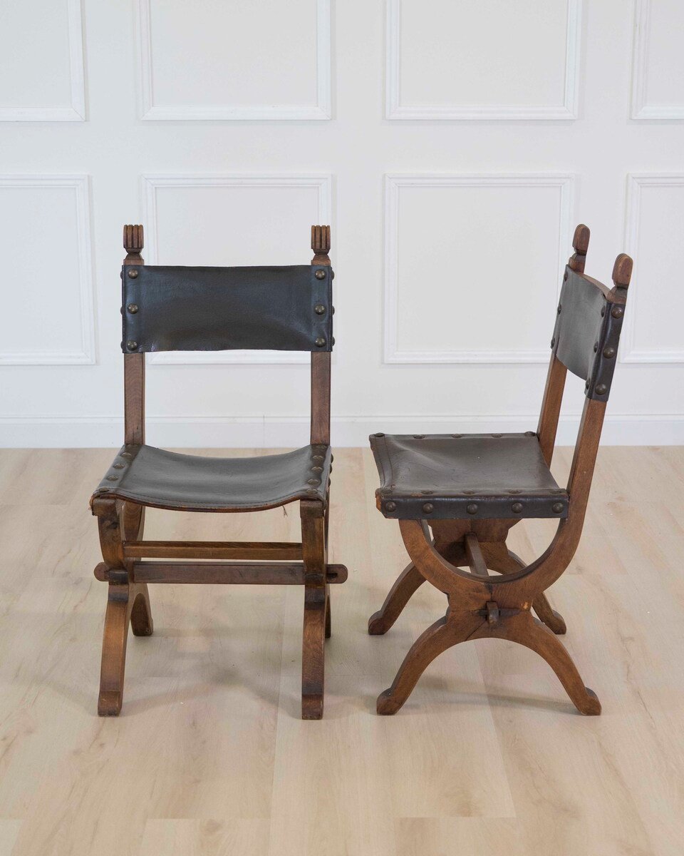 Set of Six Mid-20th Century Spanish Walnut and Leather Dining Chairs - JAA