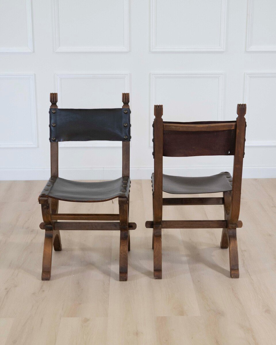 Set of Six Mid-20th Century Spanish Walnut and Leather Dining Chairs - JAA