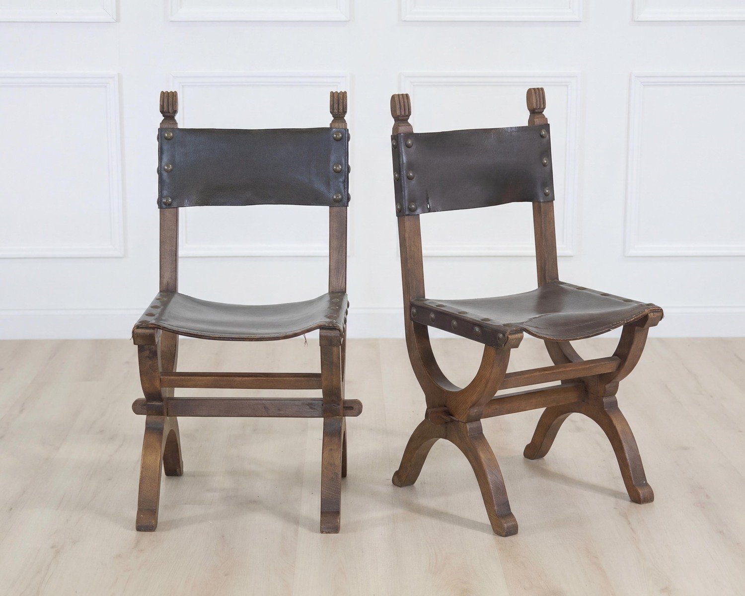 Set of Six Mid-20th Century Spanish Walnut and Leather Dining Chairs - JAA