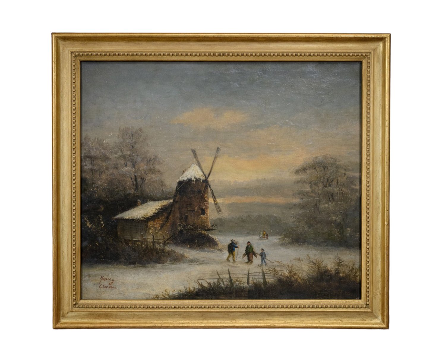 Antique painting signed Henry Chenu – Oil on panel – Winter landscape with windmill