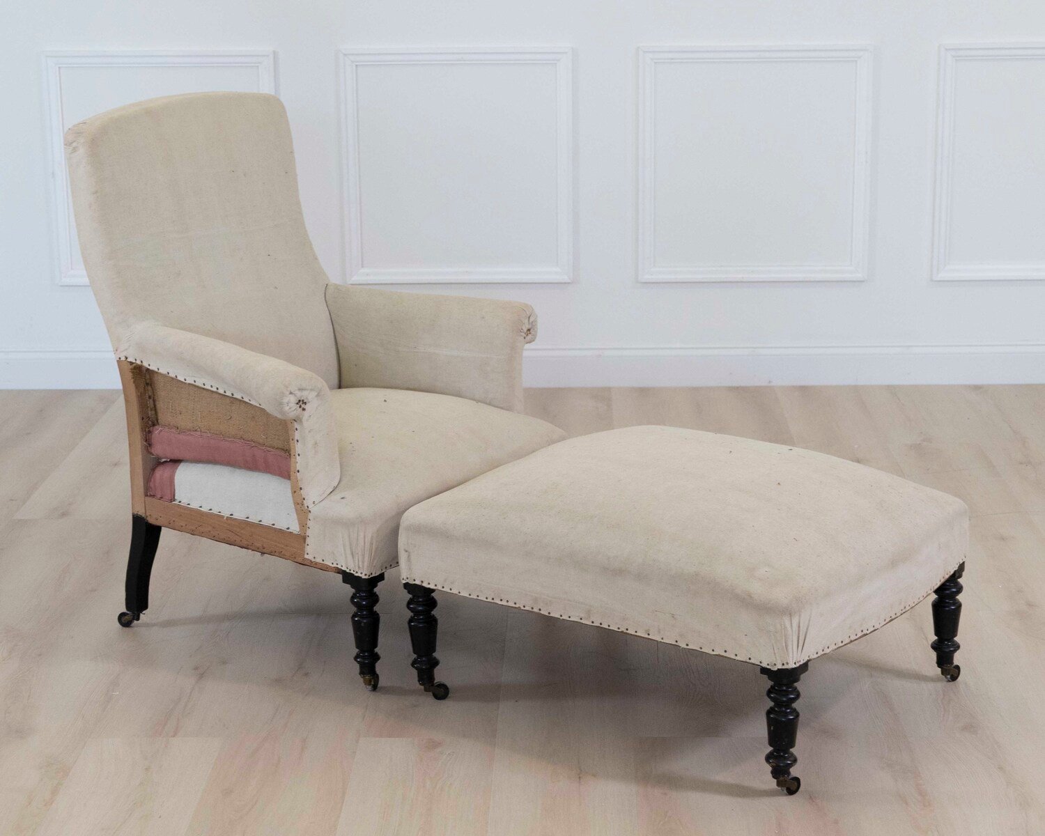19th Century Napoleon III Square Back Armchair with Matching Footstool, Ready to Upholster - JAA