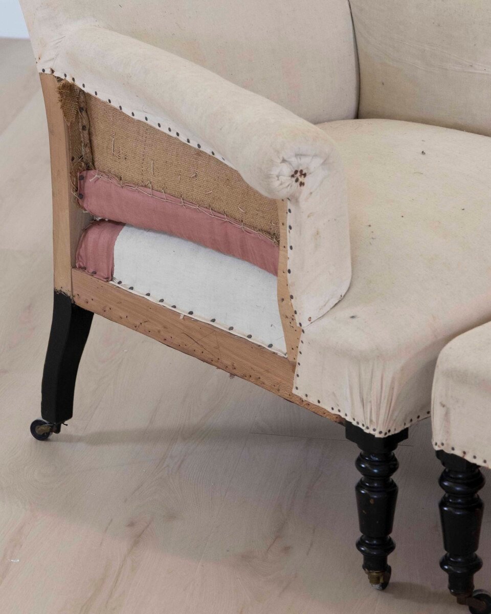 19th Century Napoleon III Square Back Armchair with Matching Footstool, Ready to Upholster - JAA