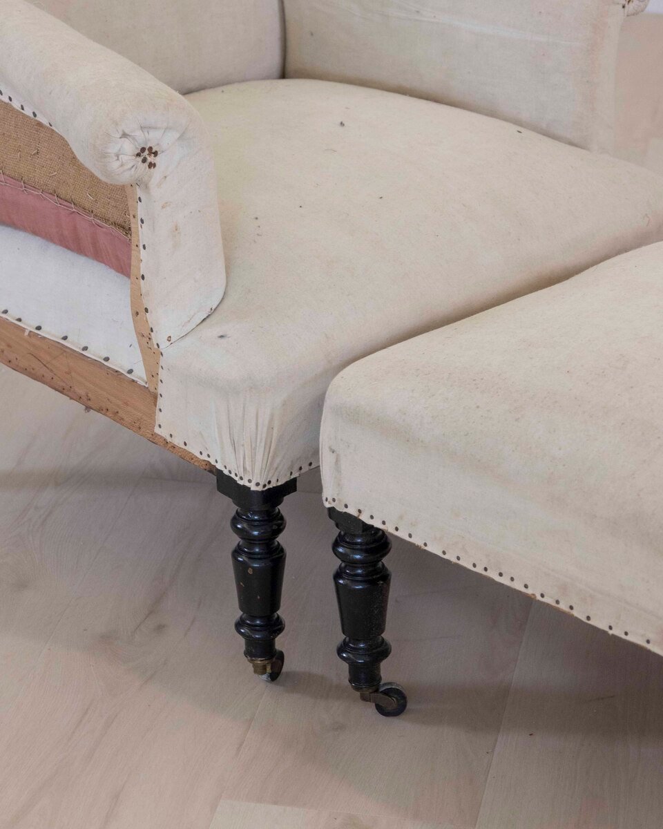 19th Century Napoleon III Square Back Armchair with Matching Footstool, Ready to Upholster - JAA