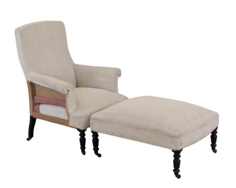 19th Century Napoleon III Square Back Armchair with Matching Footstool, Ready to Upholster