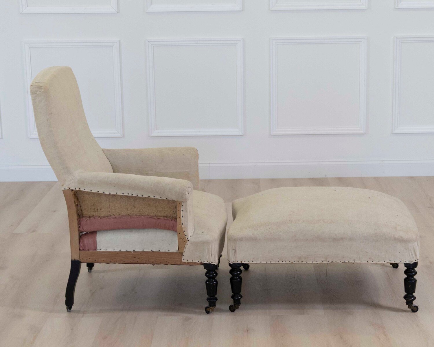 19th Century Napoleon III Square Back Armchair with Matching Footstool, Ready to Upholster - JAA