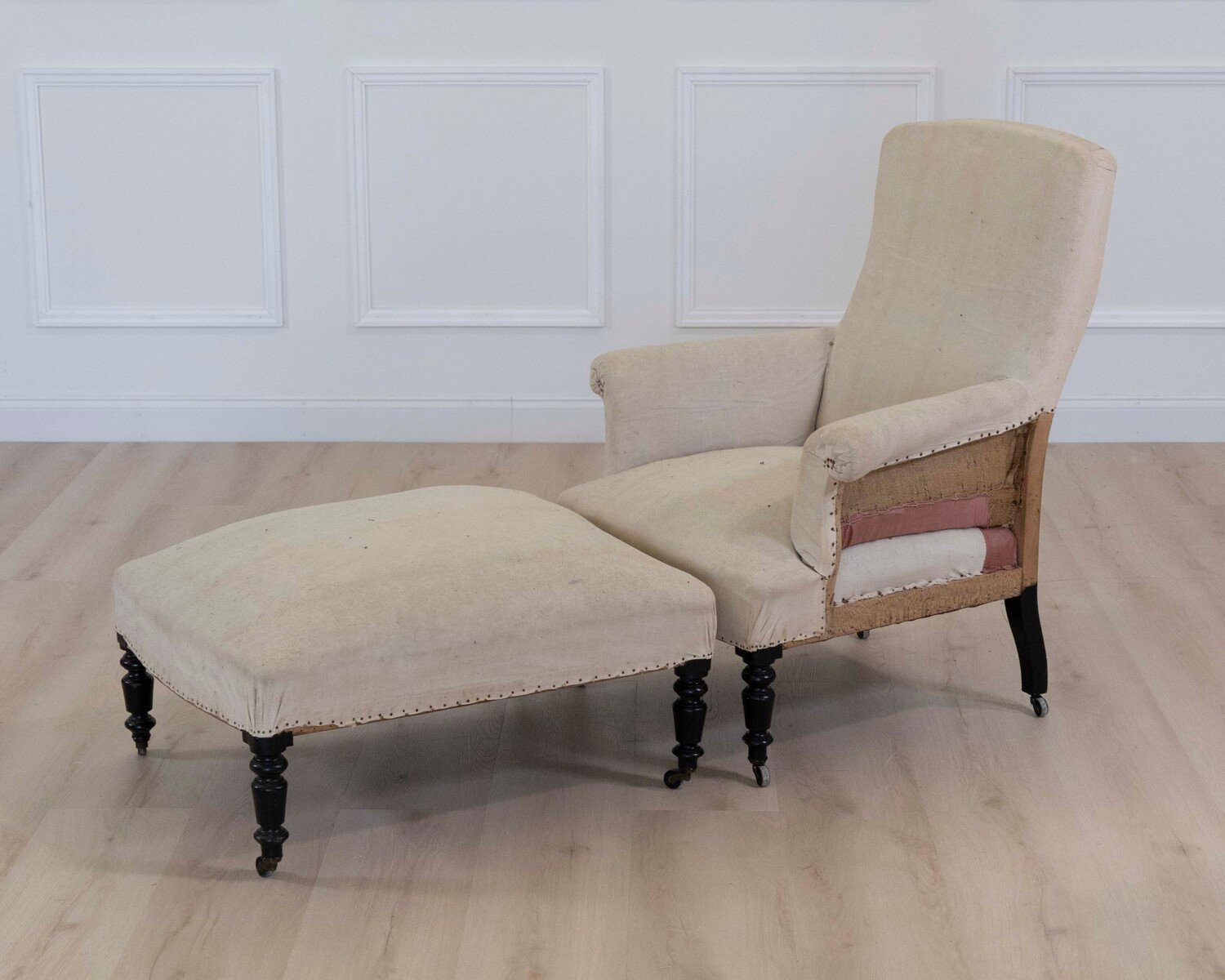 19th Century Napoleon III Square Back Armchair with Matching Footstool, Ready to Upholster - JAA