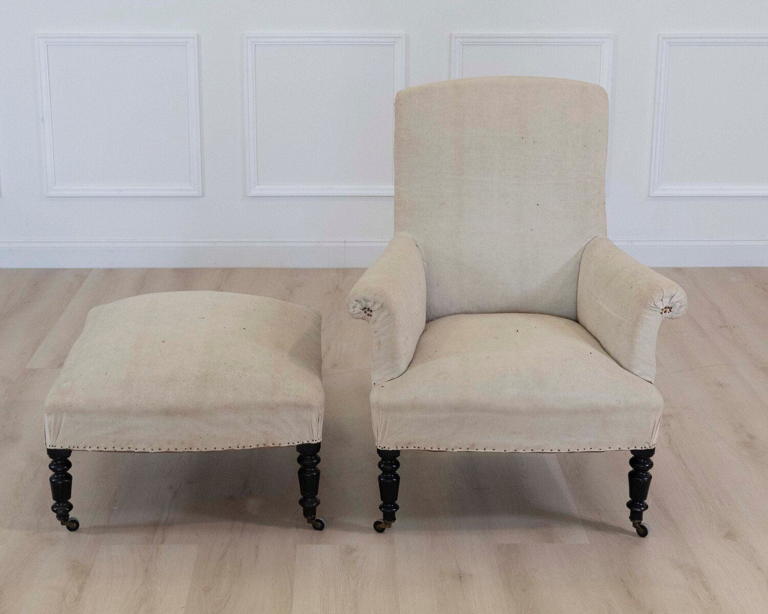 19th Century Napoleon III Square Back Armchair with Matching Footstool, Ready to Upholster - JAA