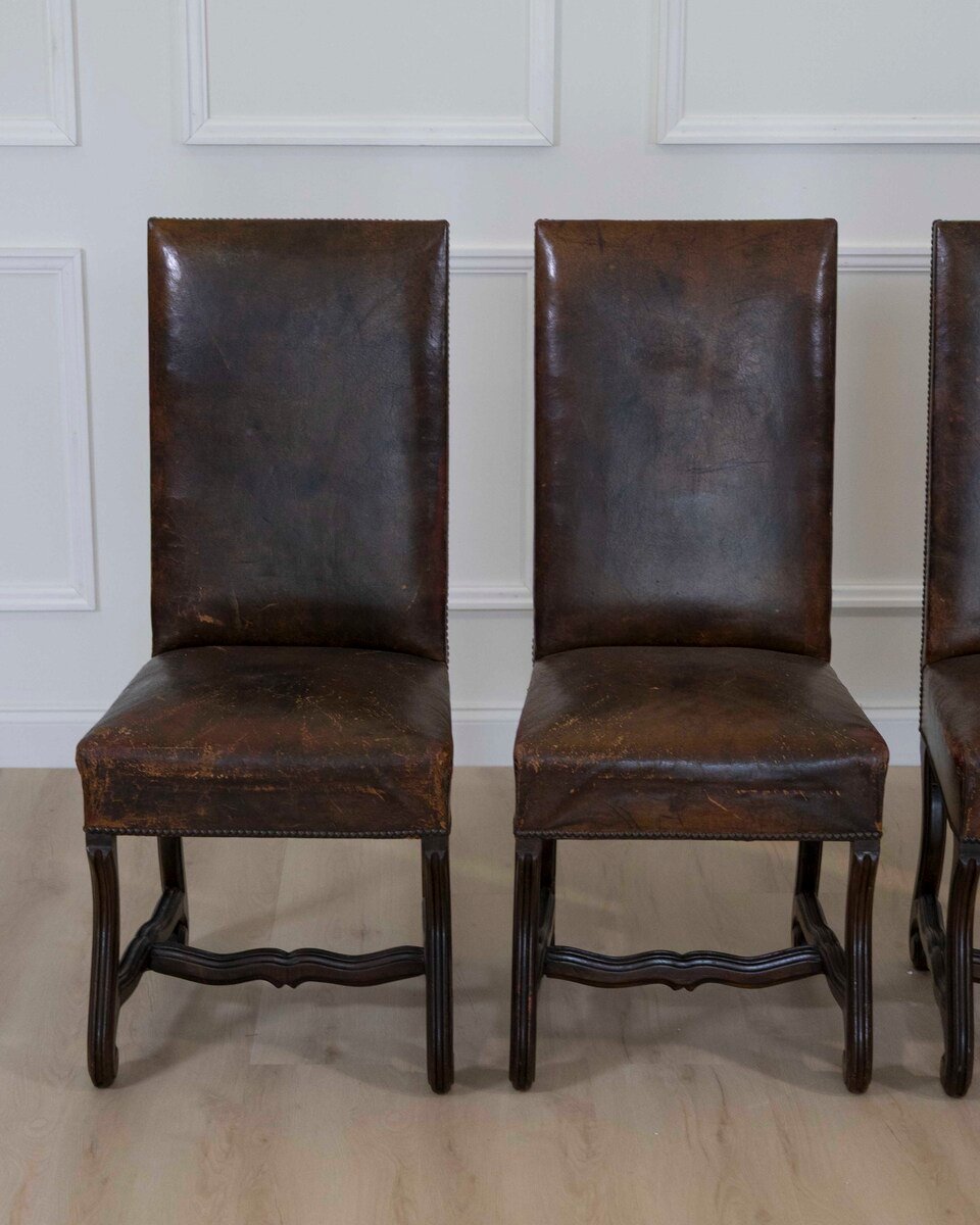 Set of Six 19th Century Spanish Leather Dining Chairs - JAA