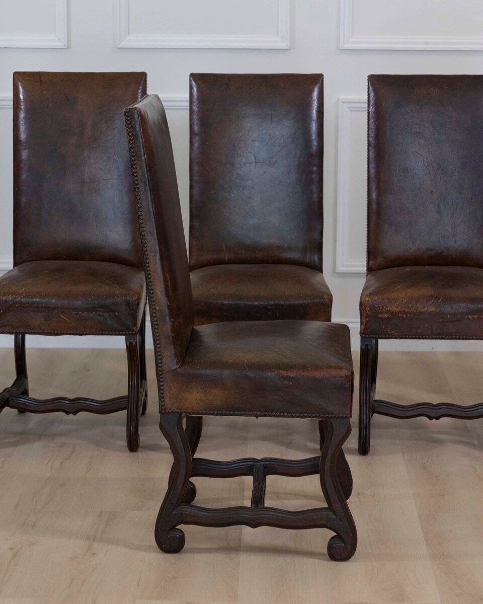 Set of Six 19th Century Spanish Leather Dining Chairs - JAA