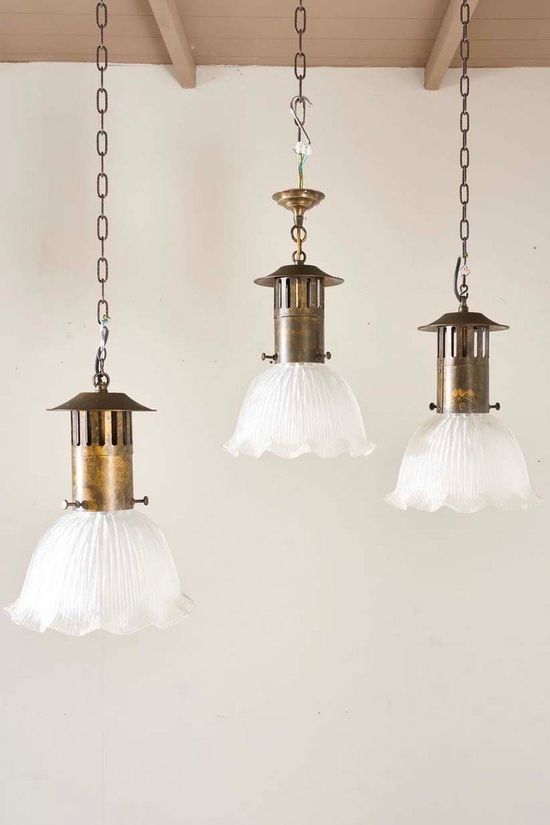 Trio of 20th Century Holophane Pendant Lights - JAA