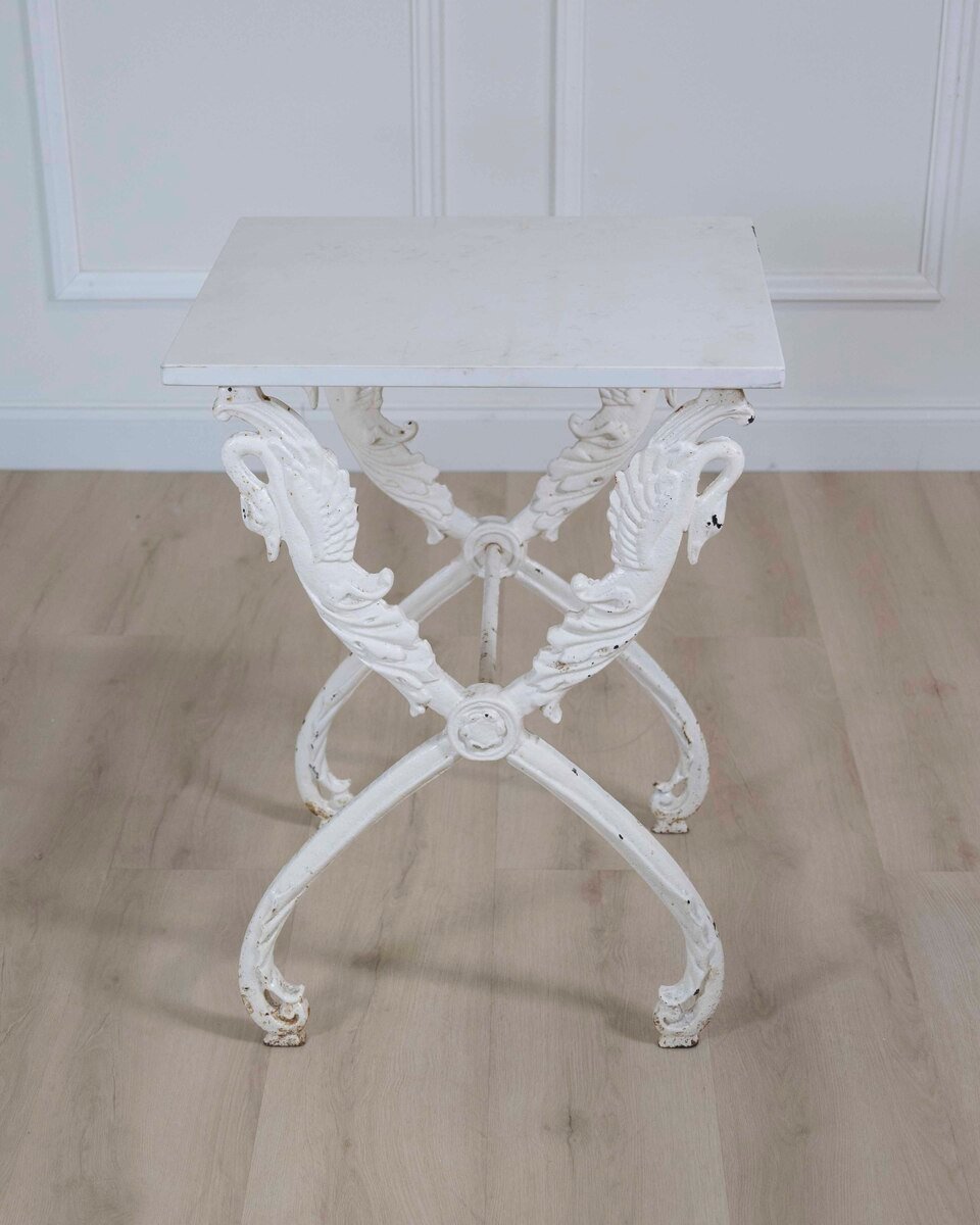 French Antique Painted Iron Swan Motif Table with Carrara Marble - JAA