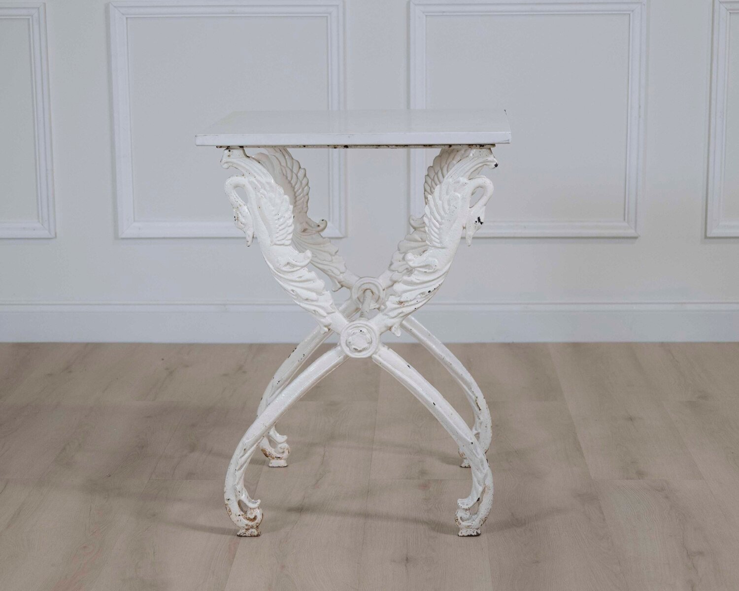 French Antique Painted Iron Swan Motif Table with Carrara Marble - JAA