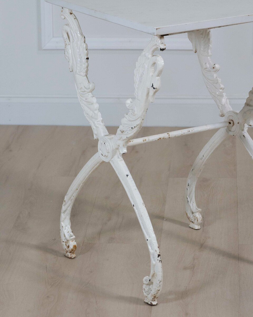 French Antique Painted Iron Swan Motif Table with Carrara Marble - JAA