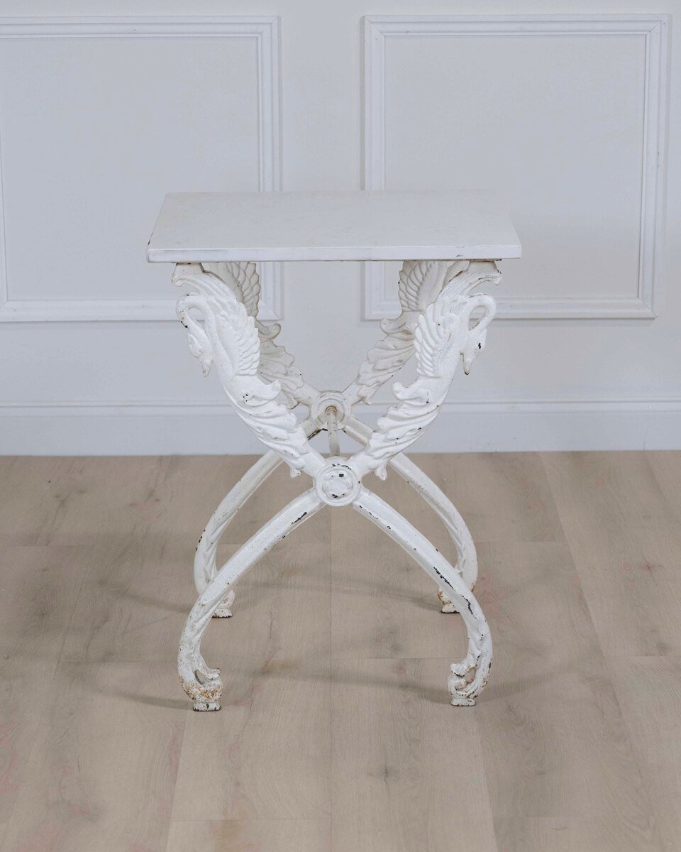 French Antique Painted Iron Swan Motif Table with Carrara Marble - JAA