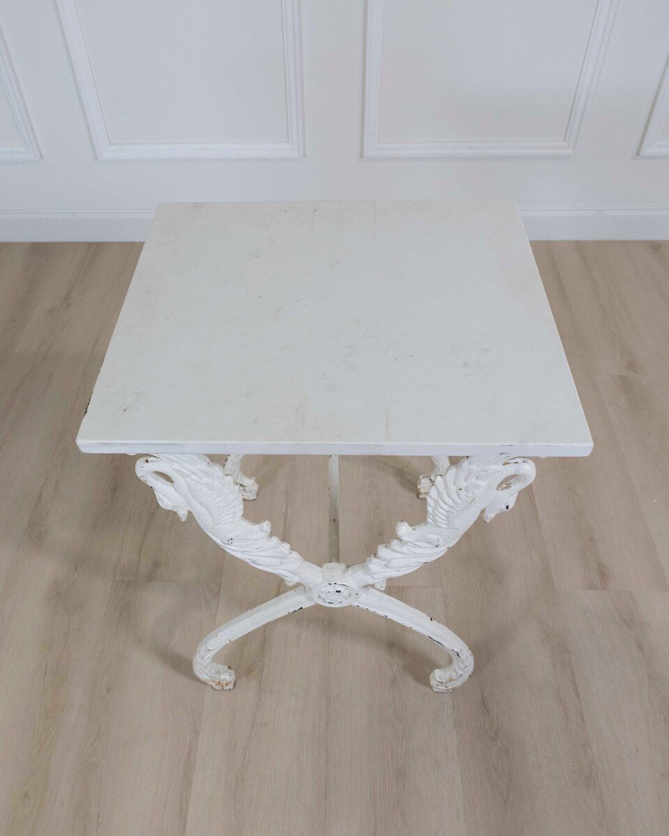 French Antique Painted Iron Swan Motif Table with Carrara Marble - JAA