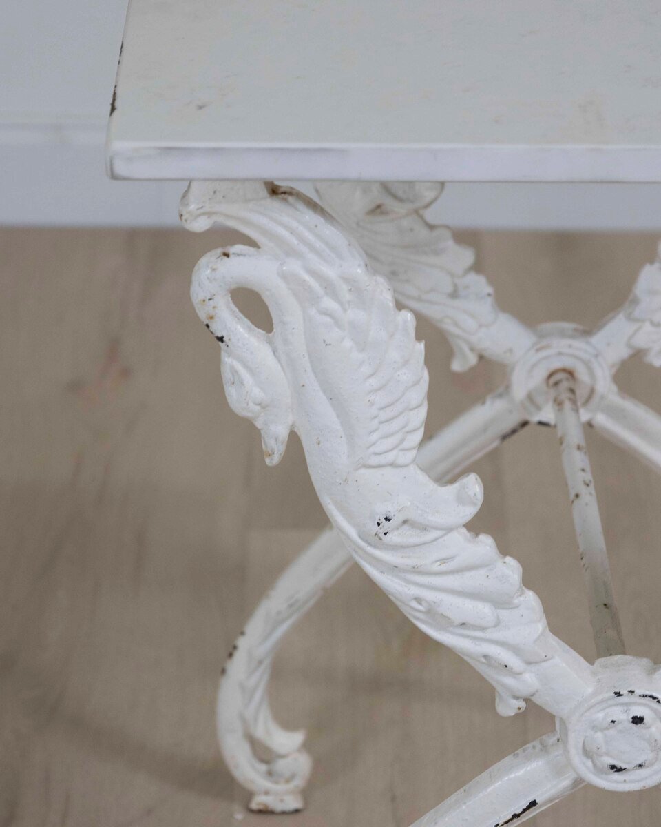 French Antique Painted Iron Swan Motif Table with Carrara Marble - JAA